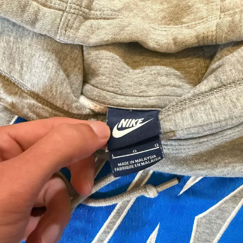 Vintage Early 2000s Nike Spellout Hoodie Grey Blue Boxy Large